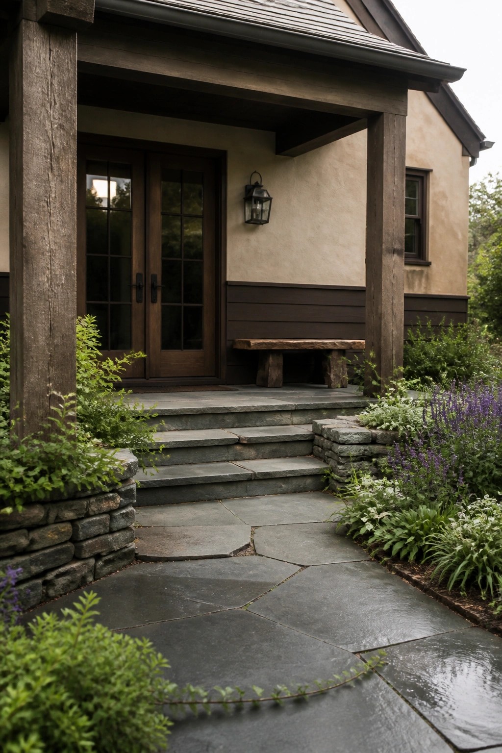 Front view of a house with beige stucco walls, dark wood porch posts and double doors, stone steps, and a flagstone path bordered by green plants.