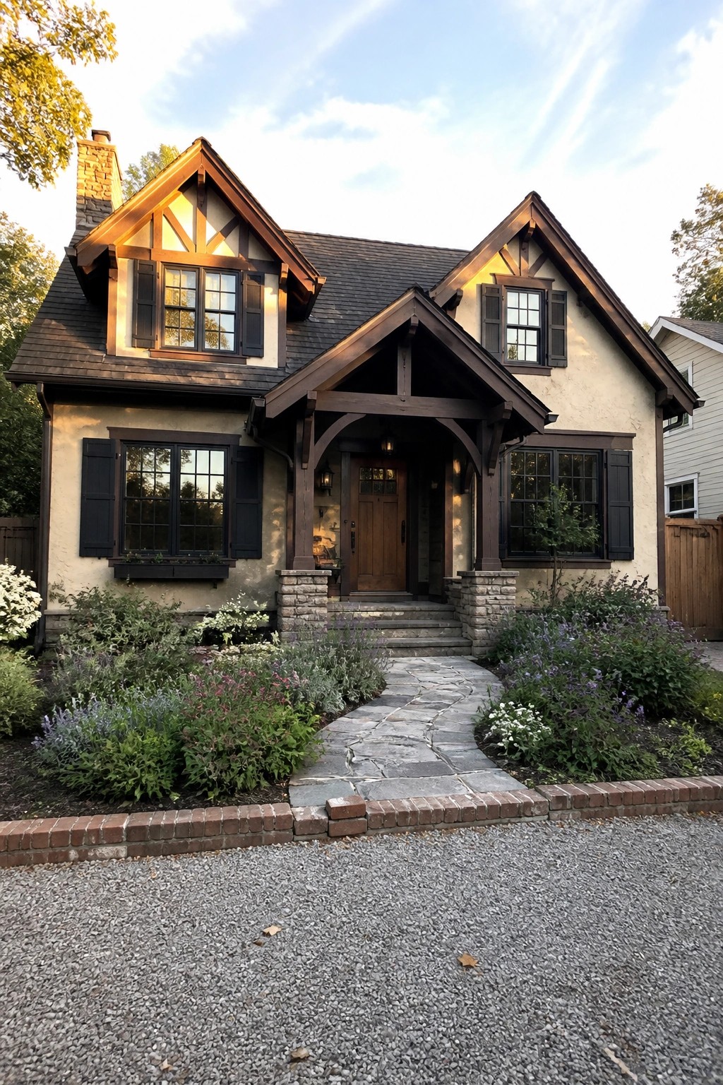 Tudor-style house with stone path, lush flower garden, and dark shutters.