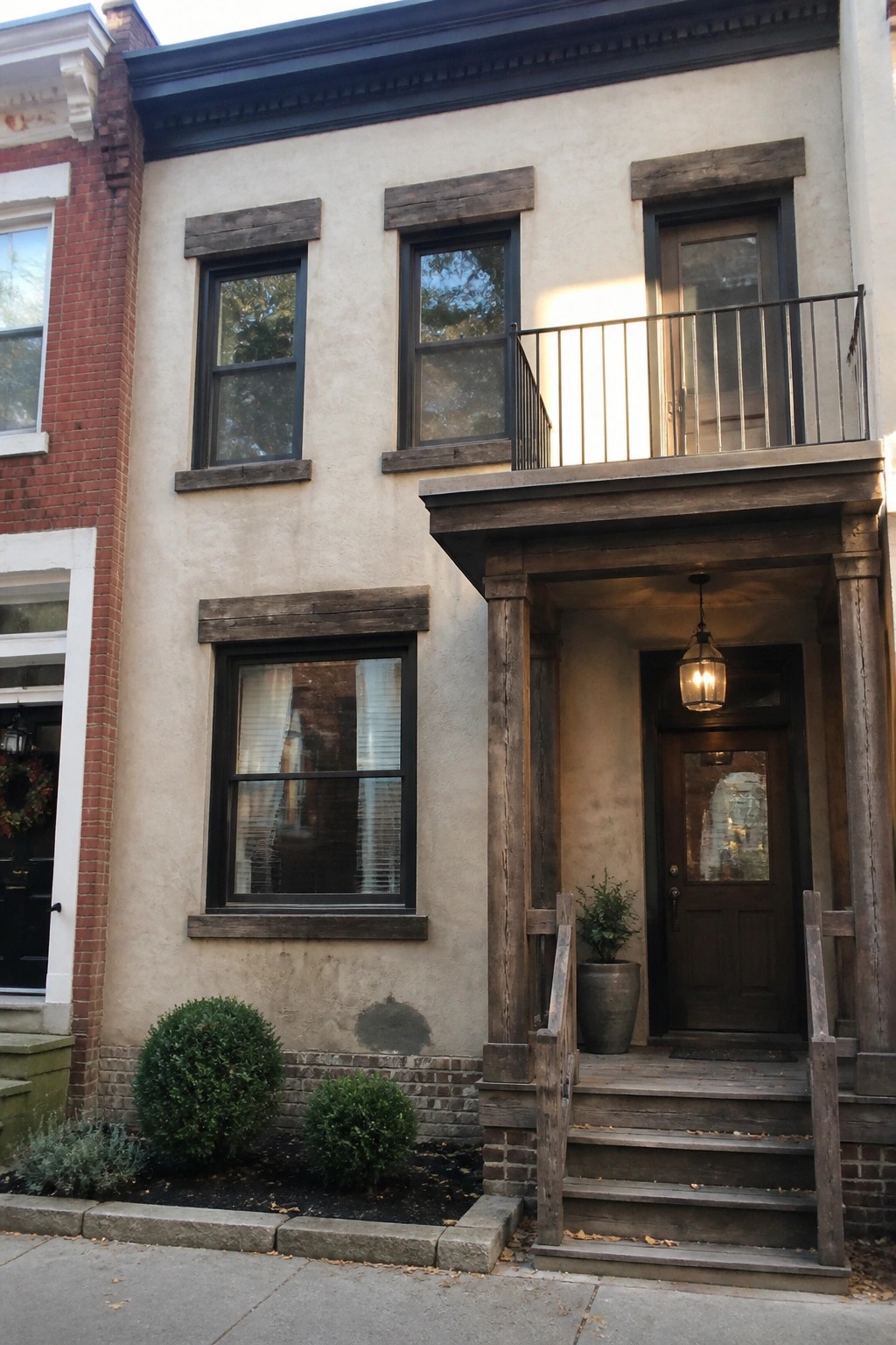 A two-story beige stucco house exterior with dark wood window trim, a wooden porch, stairs, and a dark brown front door.