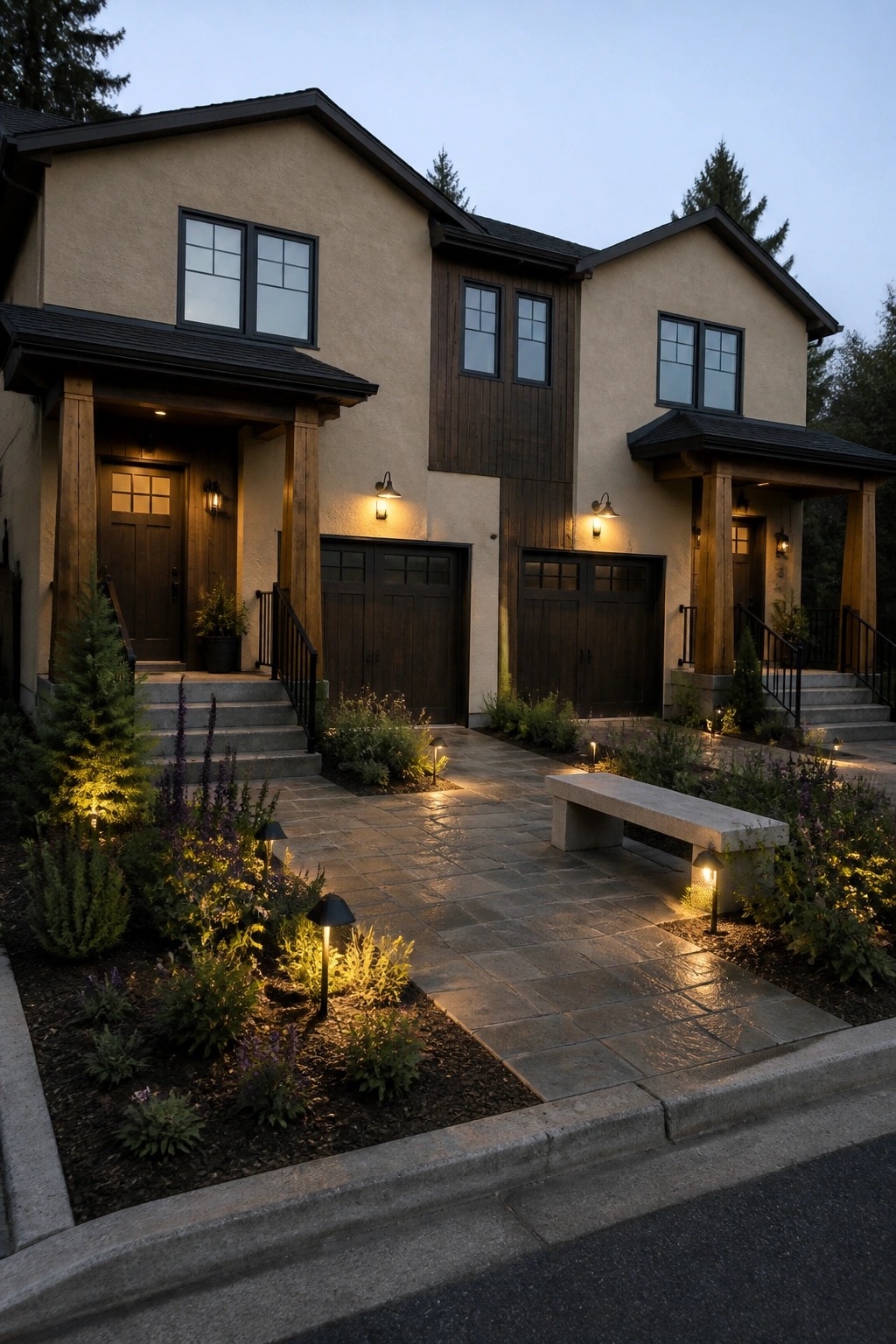 Modern beige house with dark wood trim, garages, and glowing landscape lights at dusk.