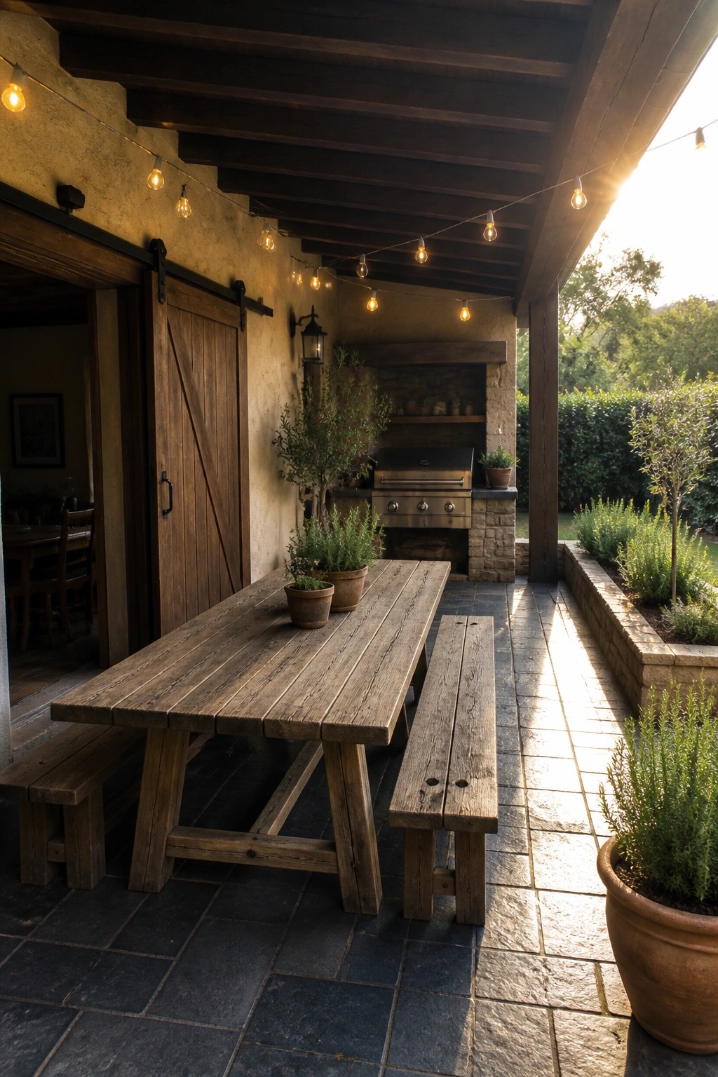 A covered patio with a long wooden dining table and benches, a built-in grill in a stone surround, string lights, and potted plants along the edge.