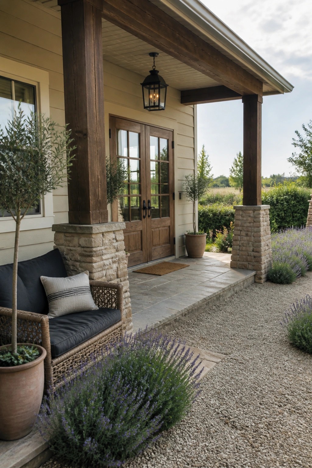 Rustic porch with wooden double doors, stone pillars, wicker chair, and lavender plants.