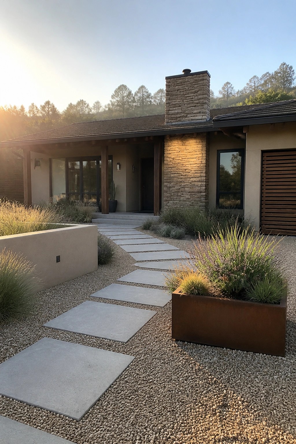 Modern house with stone chimney, concrete stepping stones on gravel, and metal planter