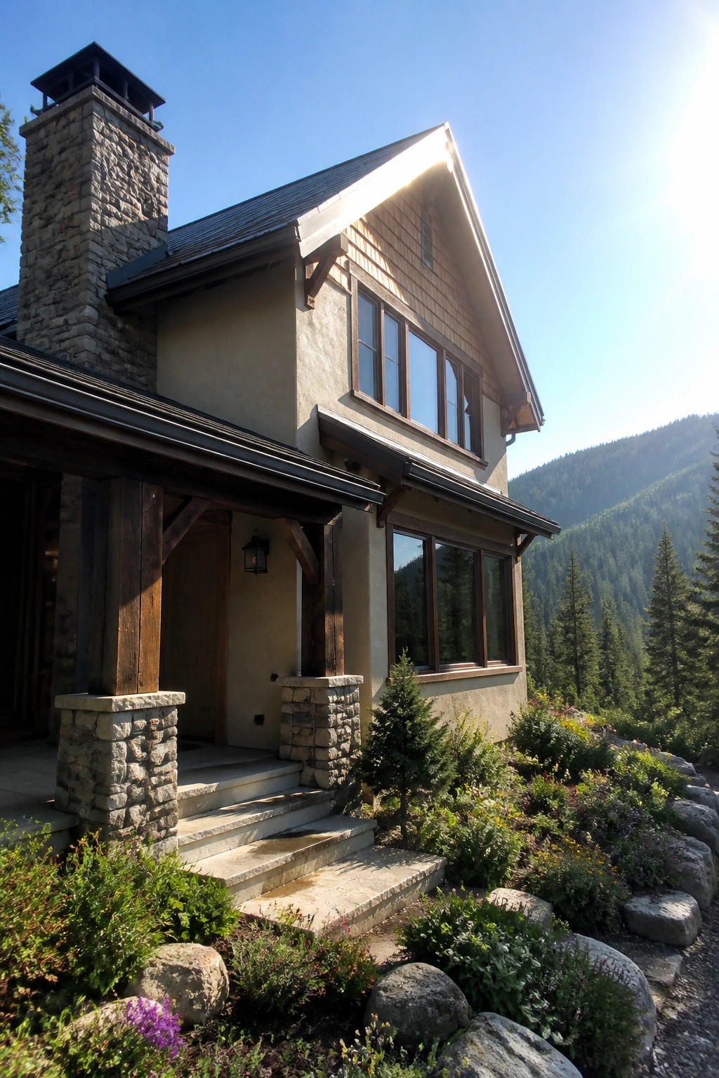 Rustic luxury home with stone chimney, wooden beams, large windows, and mountain garden.