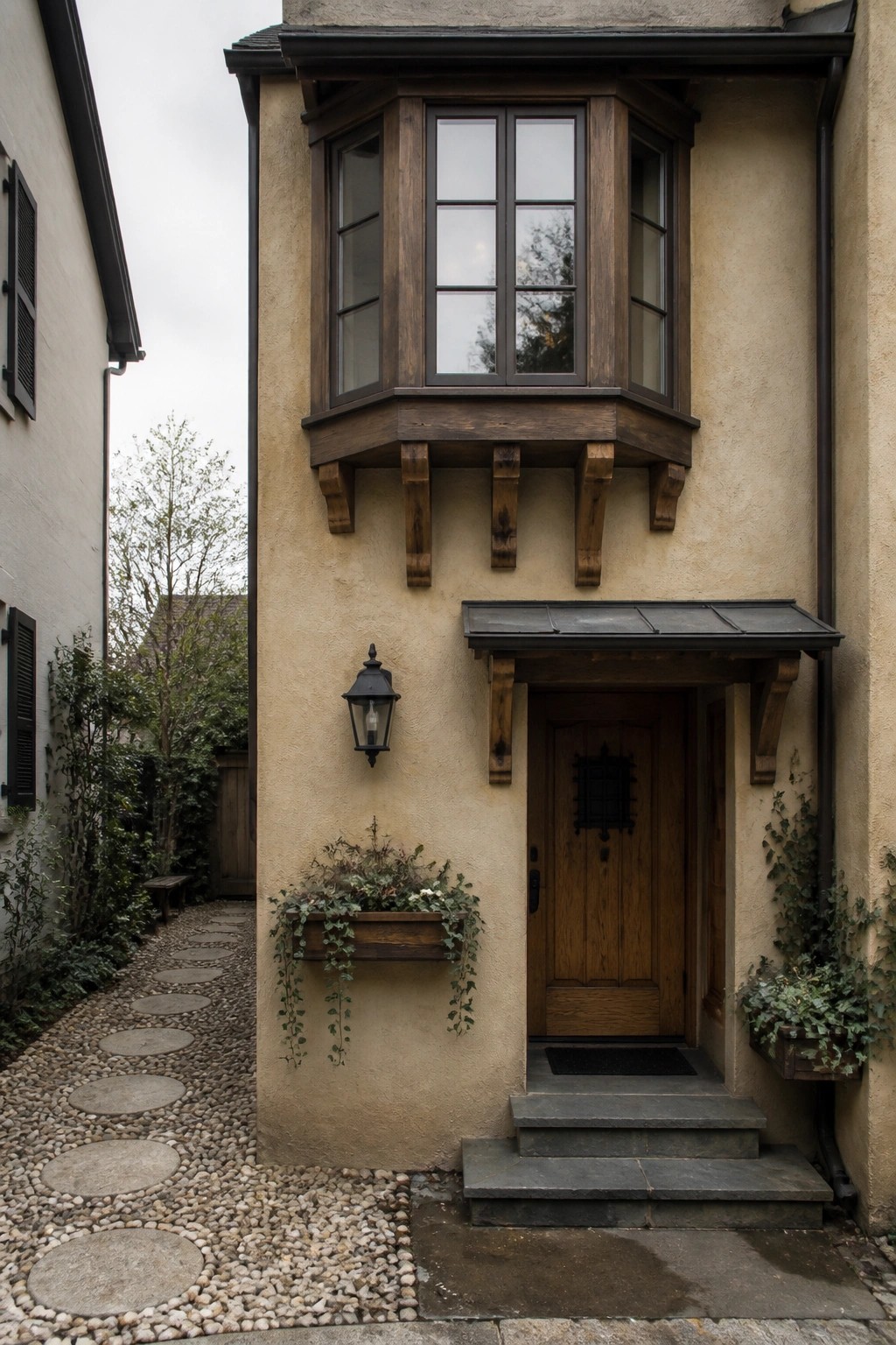 A beige stucco house exterior with a dark wood bay window supported by brackets and a wooden front door under a small metal canopy with stone steps.