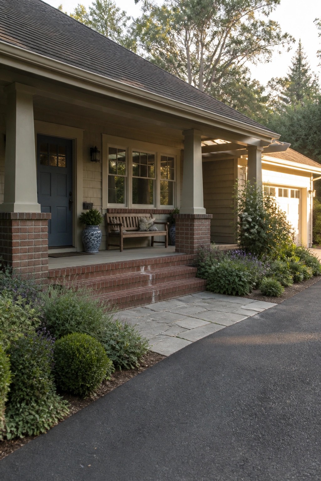 A beige house exterior with red brick column bases and steps leading to a covered porch with a blue door and wooden bench.