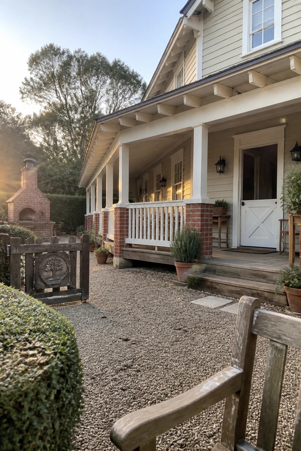 Porch of beige house with white door, brick pillars, gravel yard, and chair