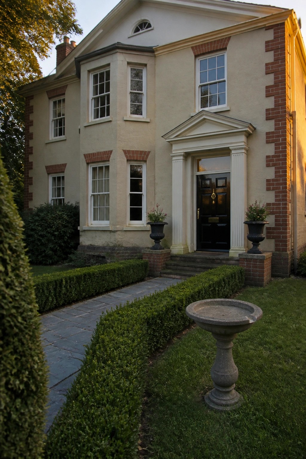 A two-story beige stucco house with red brick accents at the corners and window surrounds, featuring a central black door with white columns and a pediment above the steps.