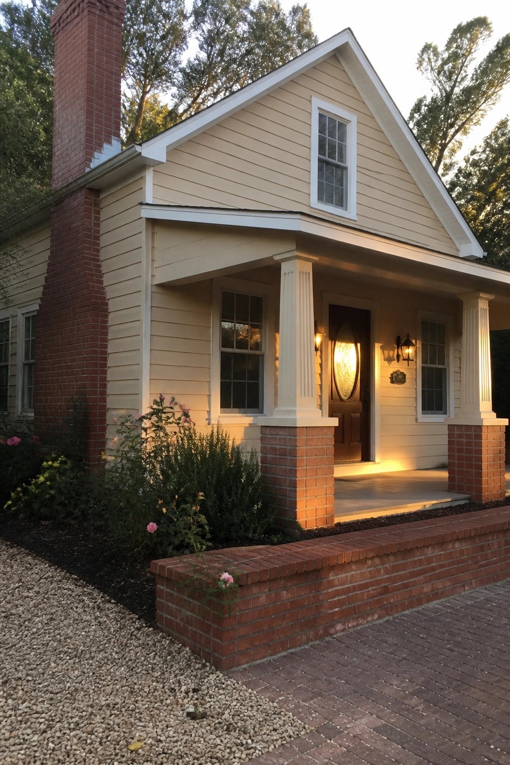 Beige house with red brick chimney, columned porch, and lit oval door.