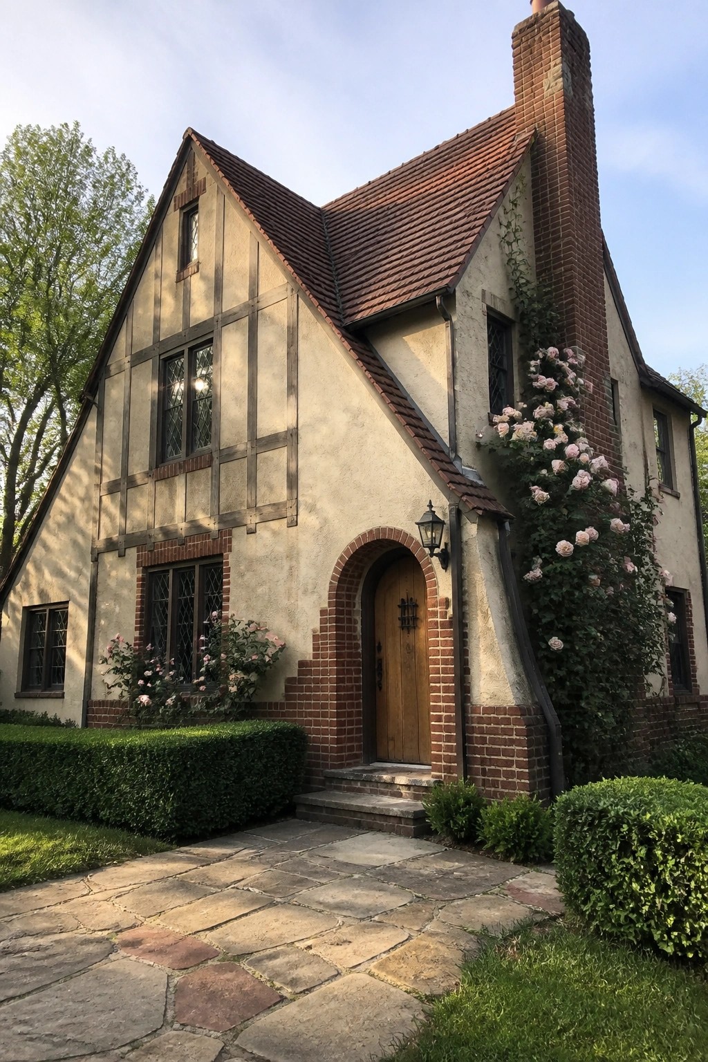 Tudor-style house with beige stucco, timber framing, red brick chimney, and climbing pink roses.