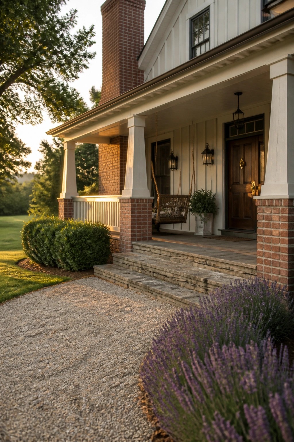 A traditional house exterior with white siding, red brick porch columns and chimney, a wooden front door, stone steps, and a gravel path bordered by lavender.