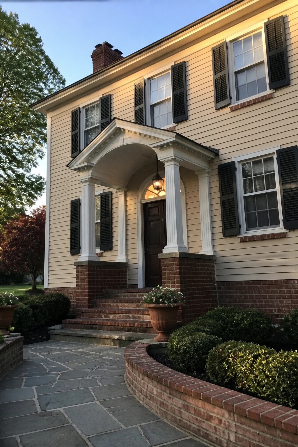 A two-story beige house with red brick foundation, white entry columns, dark shutters, brick steps, and a curved brick-edged path.
