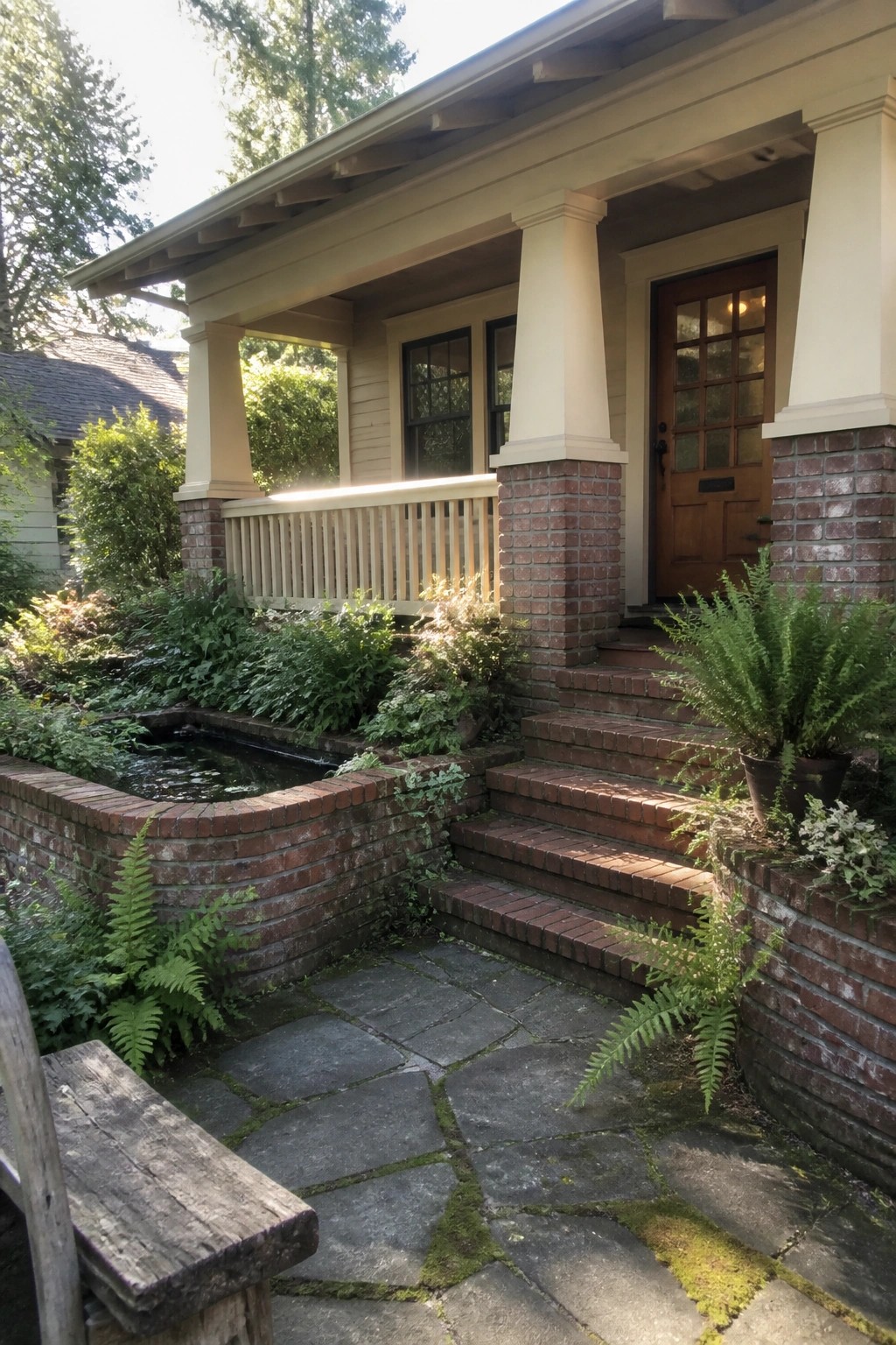 Brick pond, ferns, and stone path lead to house porch with steps.