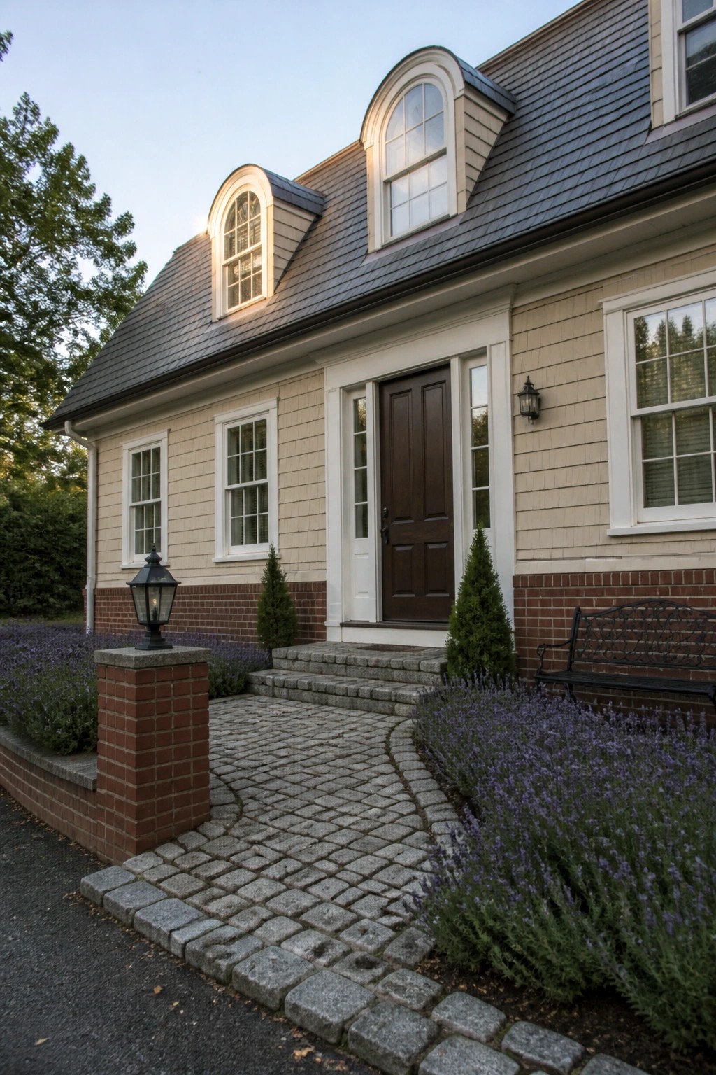 Charming beige house with brick base, arched dormers, stone path, and lavender bushes.