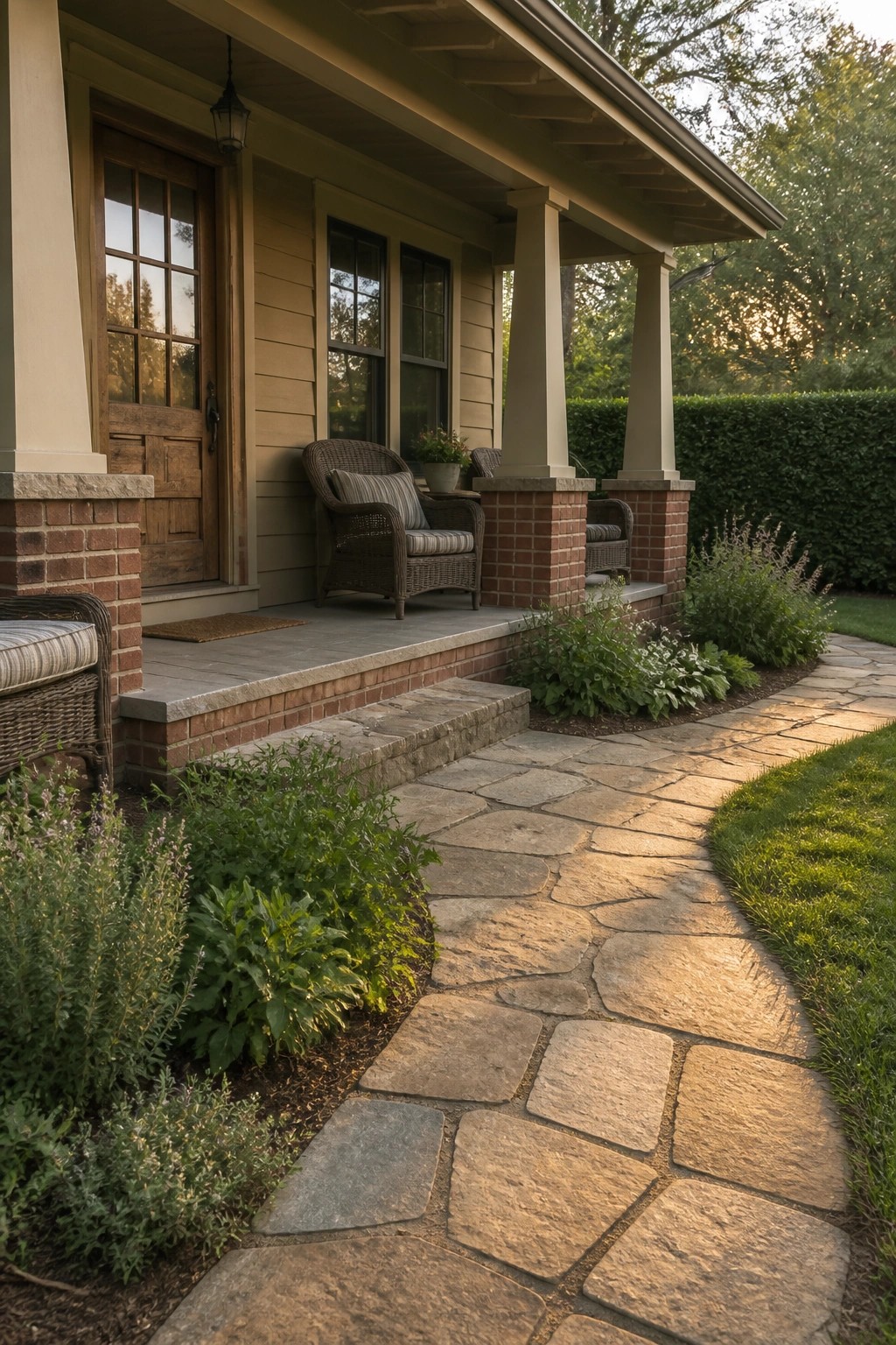 Front view of a beige house porch with red brick column bases and steps, a curved flagstone walkway, and wicker chairs on the porch.