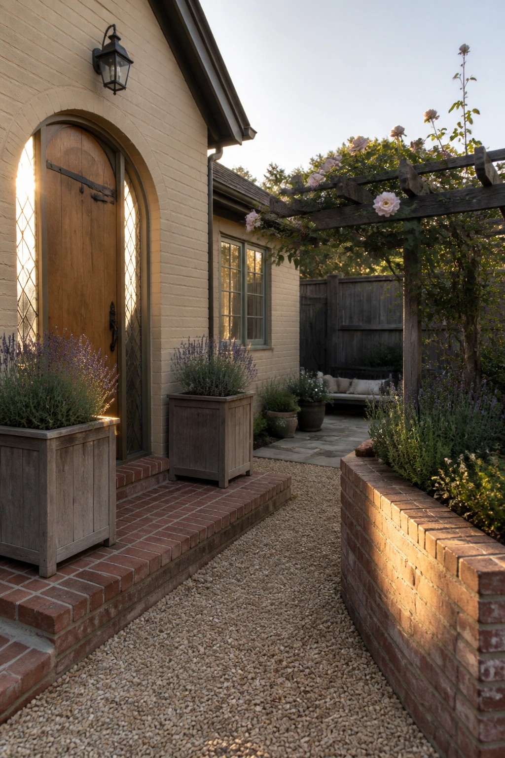 A beige brick house exterior features a wooden arched door, red brick steps and edging, gravel path, and surrounding plants with a wooden pergola in the background.