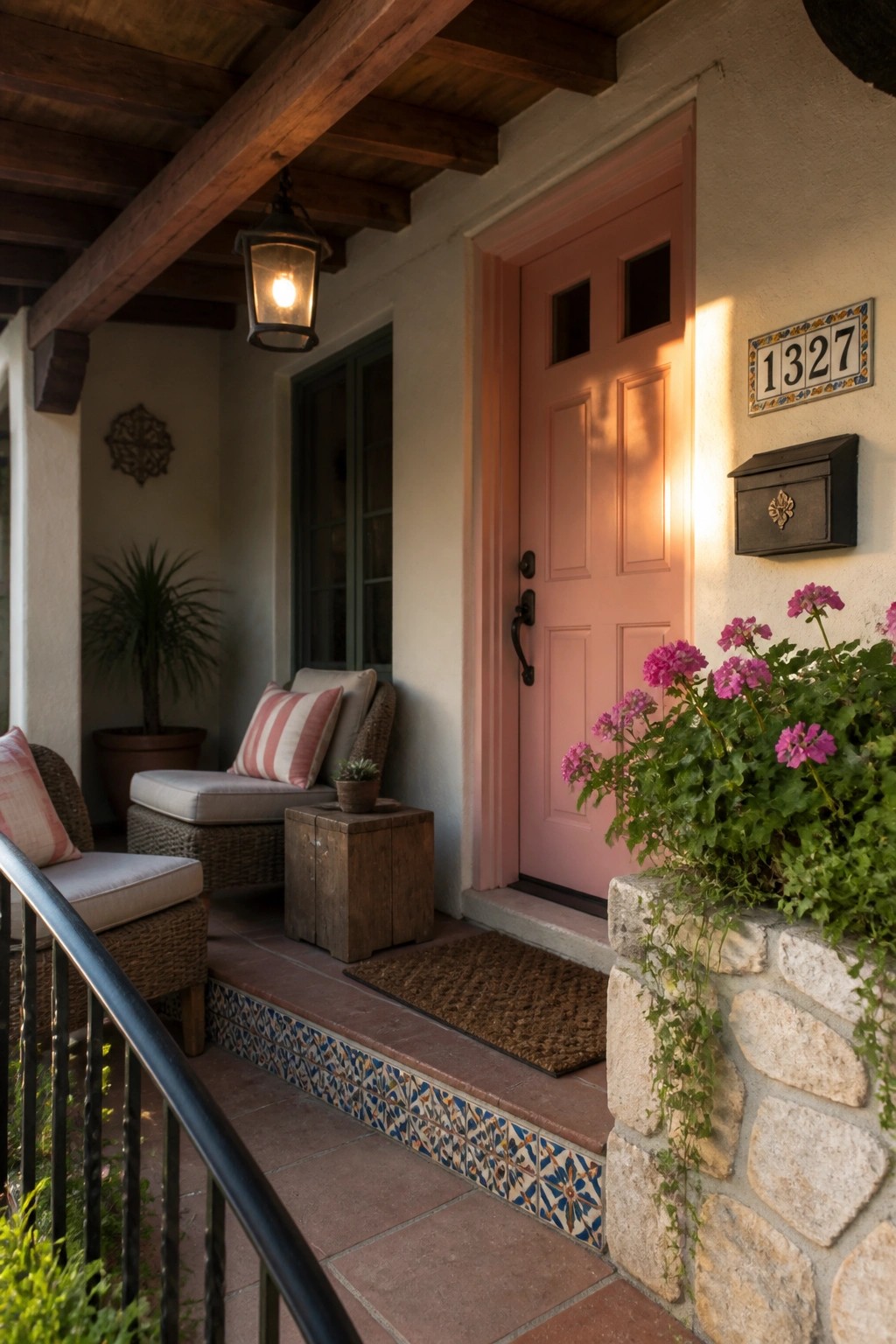 Pink door on stucco porch with wicker chairs, pink flowers, and tiled steps