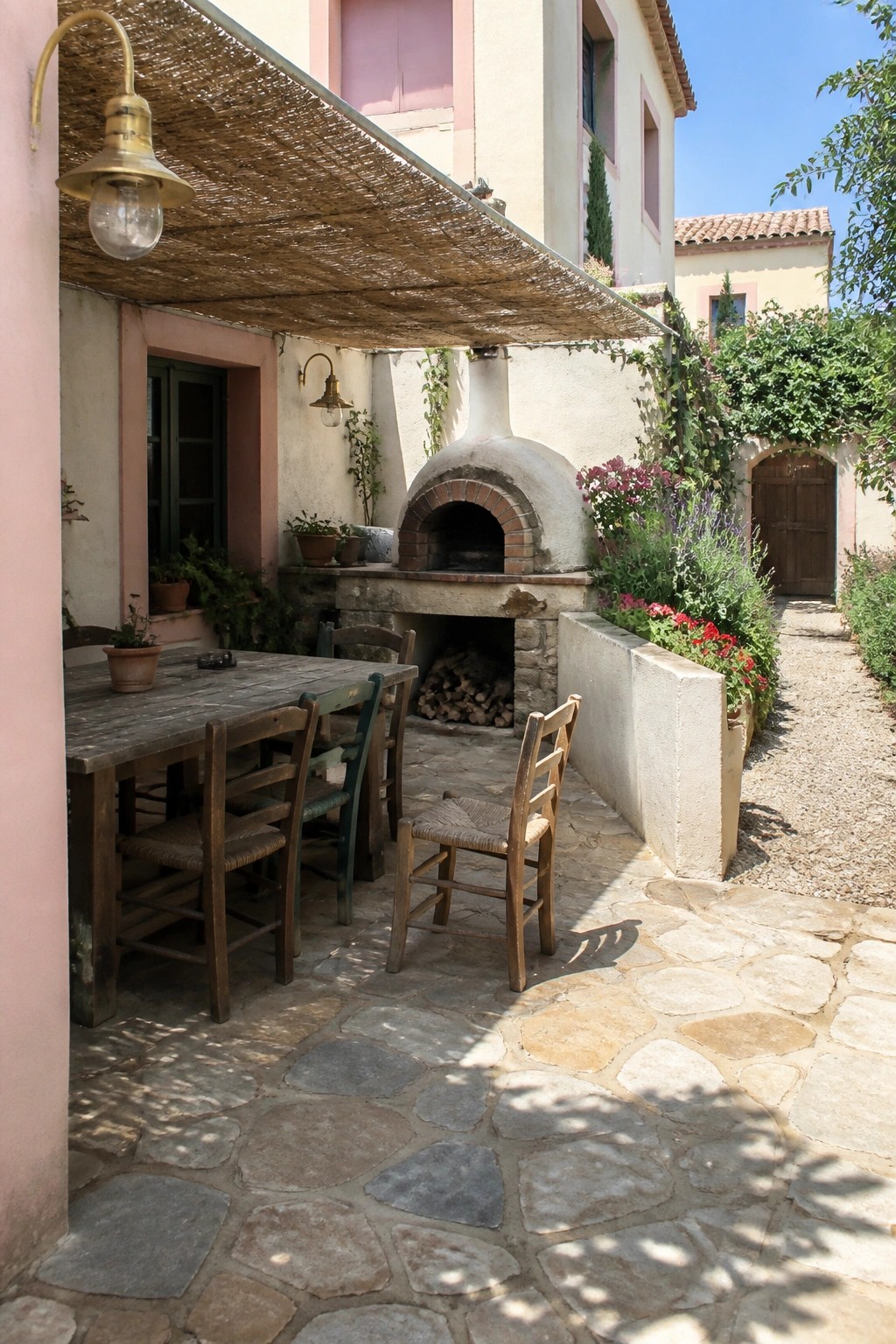 Stone patio with wooden dining table and chairs under a thatched reed awning beside a built-in oven on a cream and pink house.