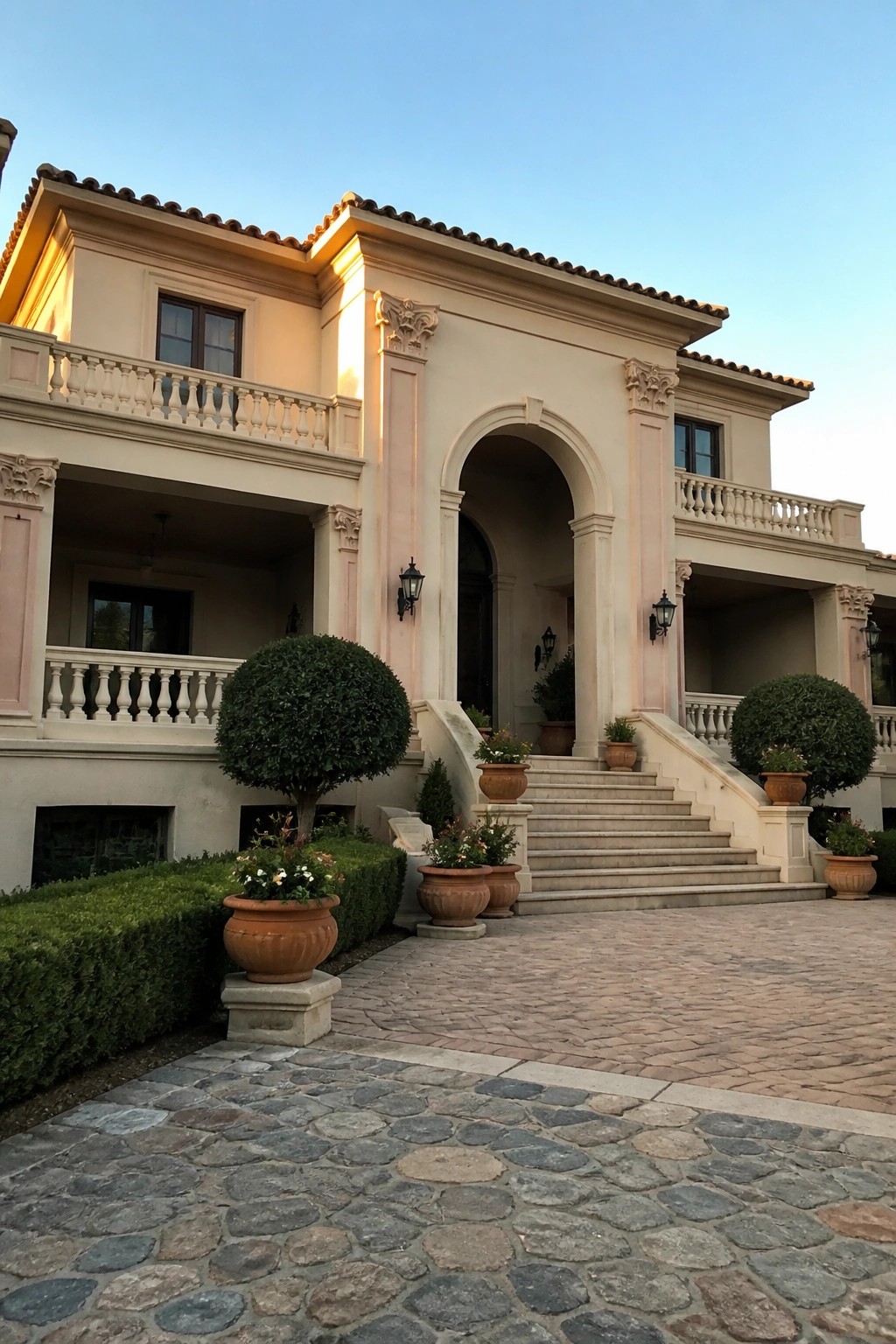 Elegant beige mansion with arched entrance, stone stairs, potted plants, and cobblestone driveway.
