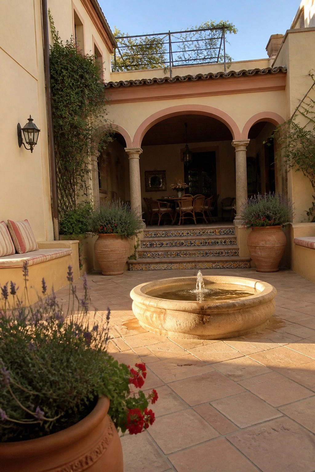 A circular stone fountain sits in the center of a tiled courtyard with terracotta pots, lavender and red flowers, arched columns, and colorful tile steps leading to an interior space.
