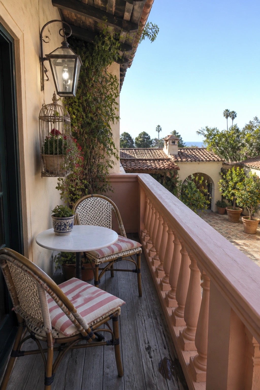 Two striped wicker chairs and table on balcony with lantern, birdcage, and ocean view.