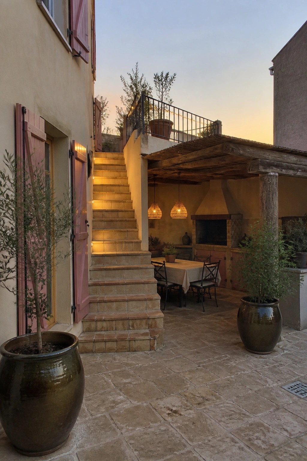 A Mediterranean courtyard at dusk with cream walls and pink shutters, a stone staircase, a wooden pergola over an outdoor kitchen, and a dining table with hanging lights.