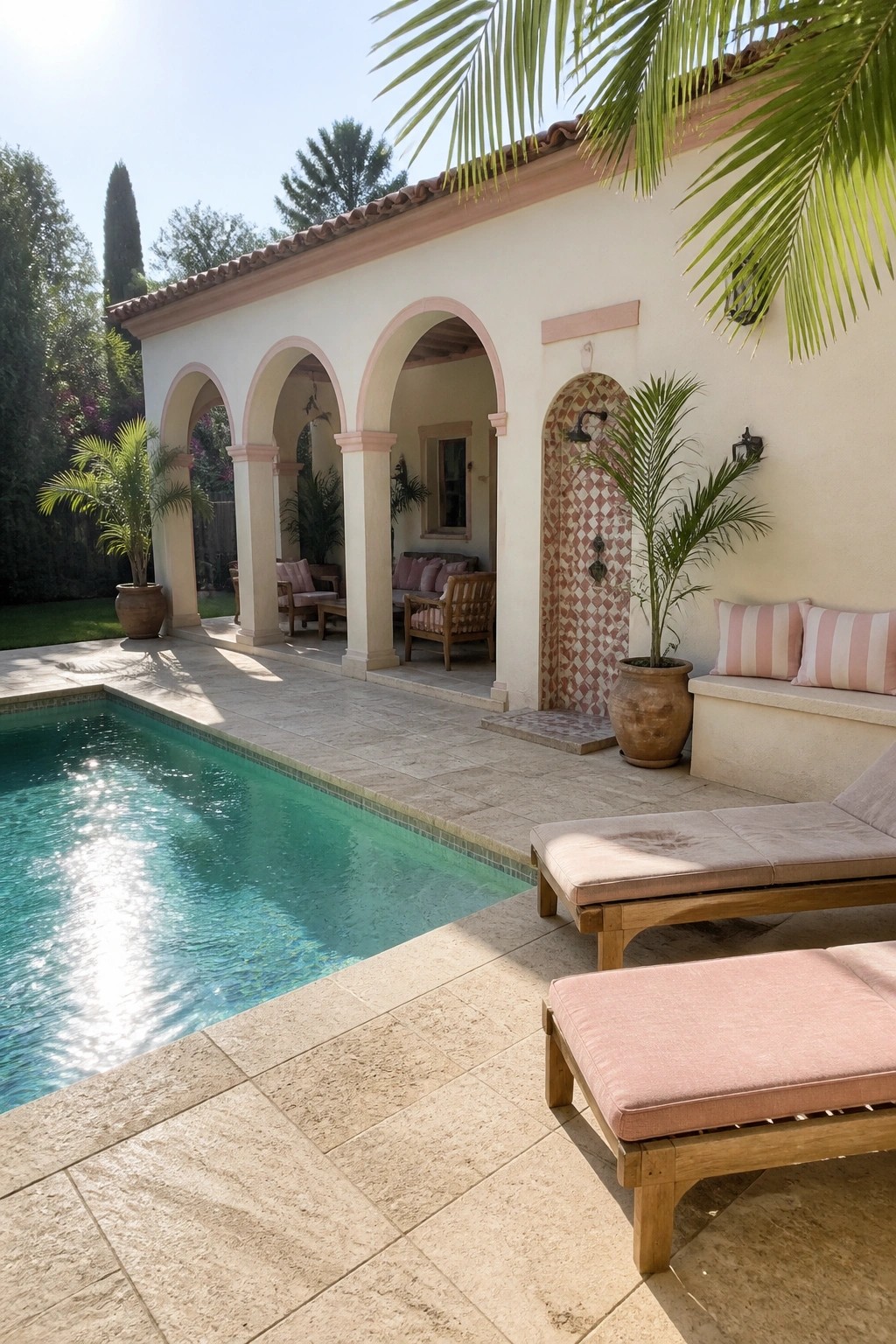 A backyard pool area with beige lounge chairs, a covered patio featuring pink-trimmed arches, and potted plants next to a cream-colored house.