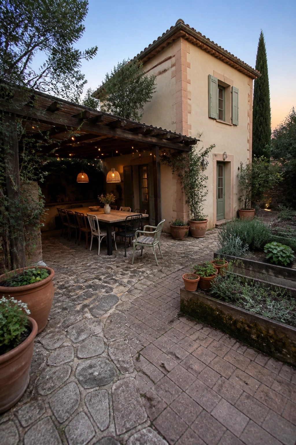 A two-story Mediterranean house with peach stucco walls and a wooden pergola covering a long dining table on a stone courtyard surrounded by terracotta pots and garden beds.