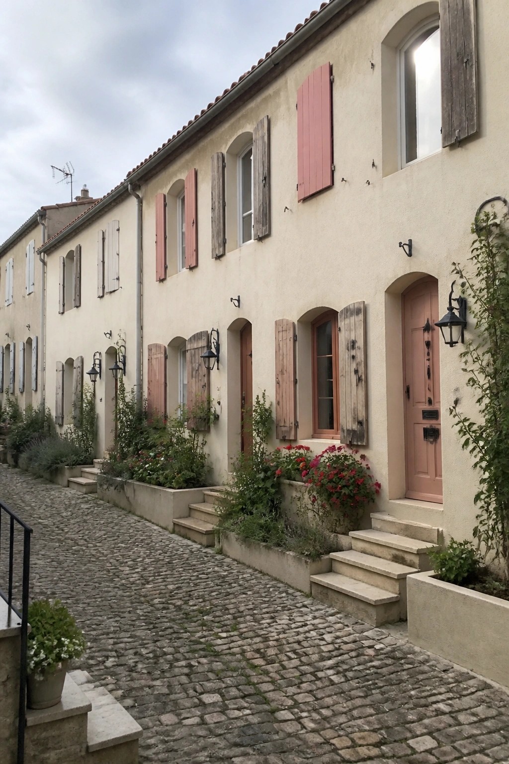 Narrow cobblestone alley lined with beige houses, colorful shutters, and flower boxes.
