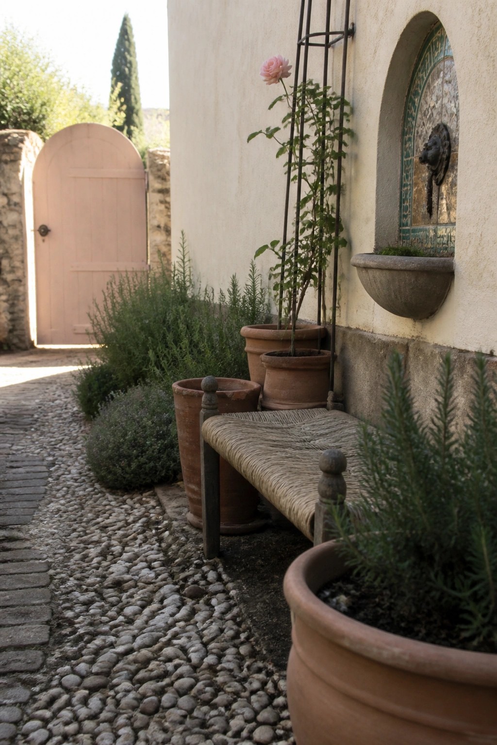 A cream stucco exterior wall with a pale pink arched door, terracotta pots, a woven bench, and a decorative tiled fountain along a cobblestone path.