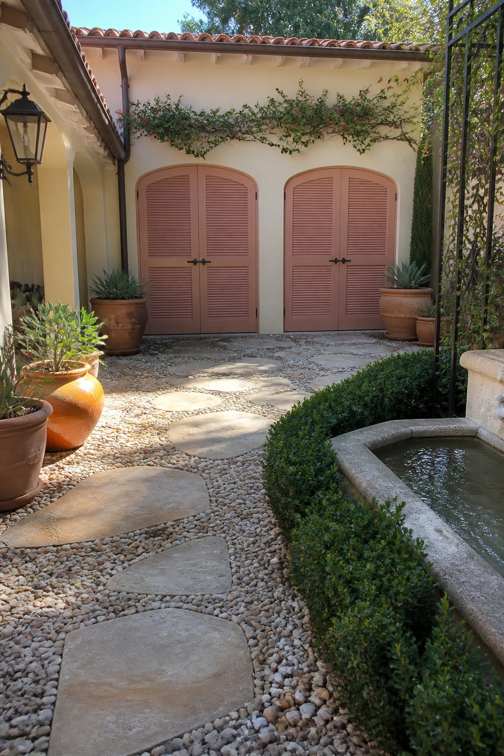 A courtyard with large irregular stepping stones set in gravel leading to two arched pink double doors on a cream stucco wall, flanked by terracotta pots and green shrubs with a small water feature on the right.