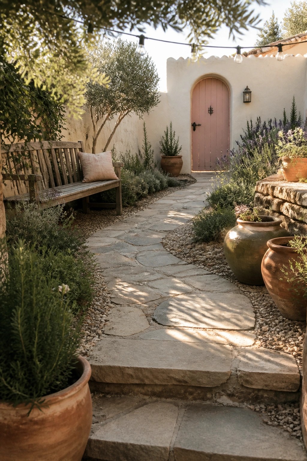 Stone path with steps to pink door, wooden bench and terracotta pots in garden