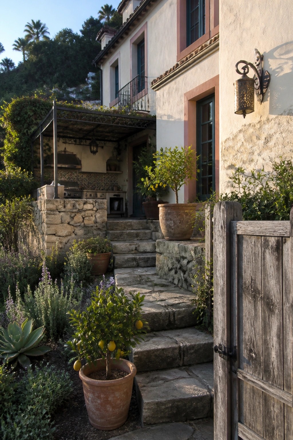 A cream stucco house exterior with pink trim, stone steps, potted citrus trees, and an outdoor kitchen area visible beside a wooden gate.