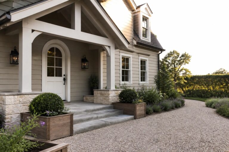 Yellow house porch with white trim, arched door, concrete steps, and wooden planters.