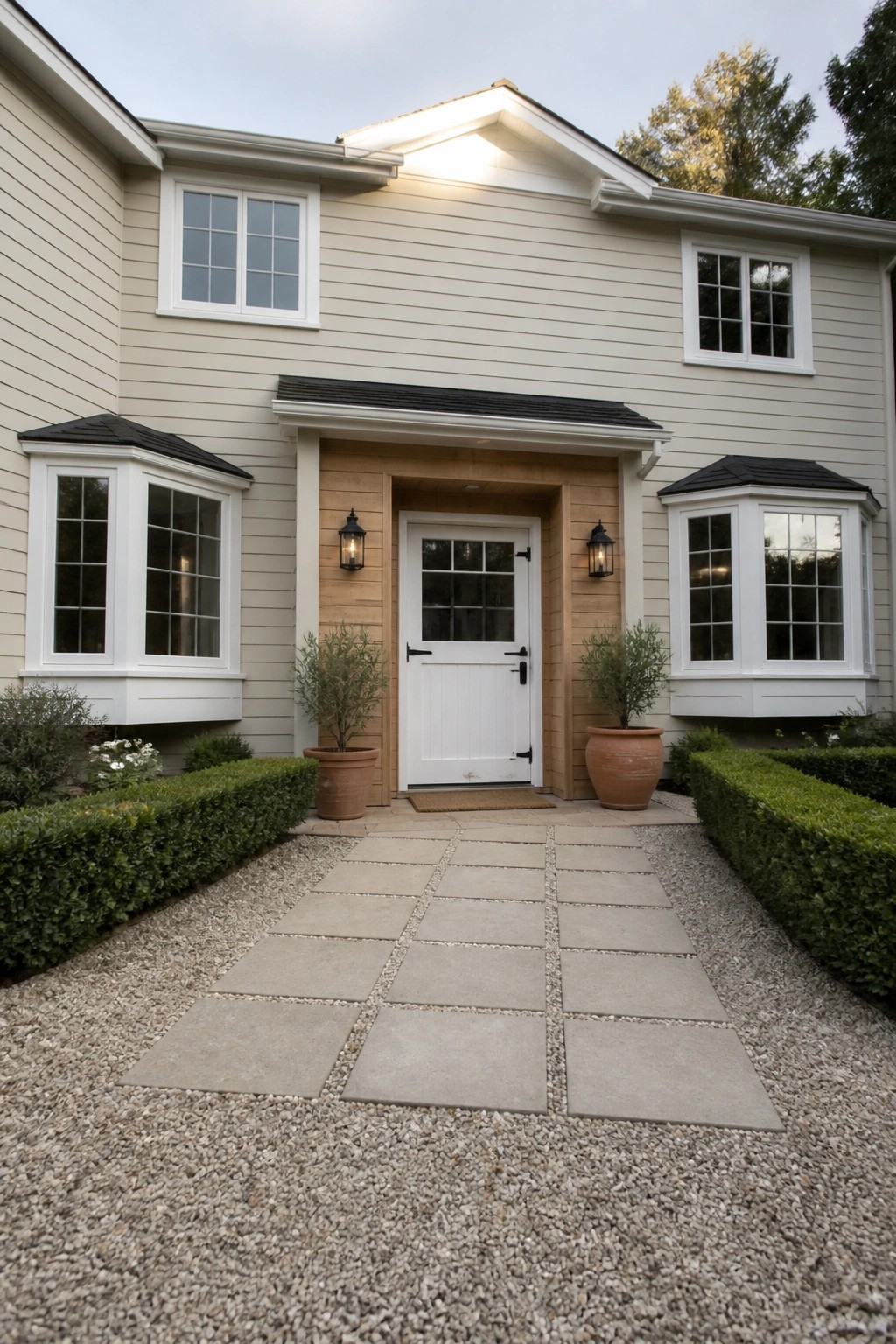 Beige house entrance with white door, bay windows, potted plants, and stone path.