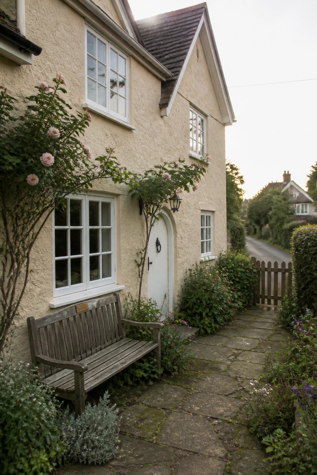 Quaint cottage with climbing roses, wooden bench, and stone path to white door.