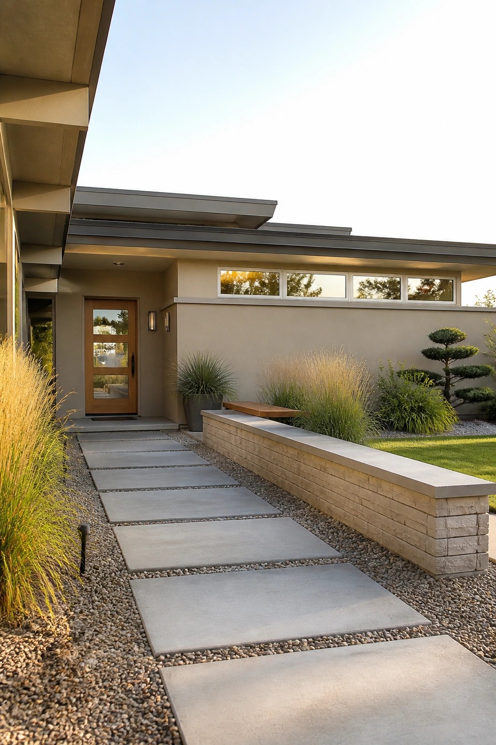 Modern beige house with a front walkway of large rectangular concrete pavers set in gravel, leading to a wooden door, flanked by grasses and a low stone wall.