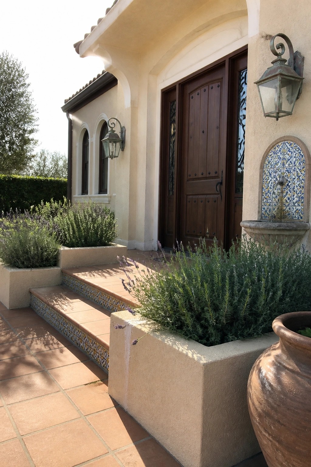 Beige stucco house with dark wood front door, tiled fountain niche on the right wall, and steps edged with decorative tile leading to the entrance.