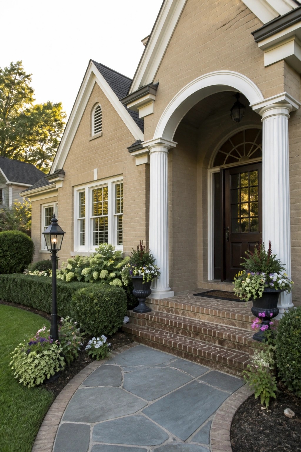 A beige brick house exterior with white columns supporting an arched entry, a dark front door, brick steps, and a curved stone walkway.