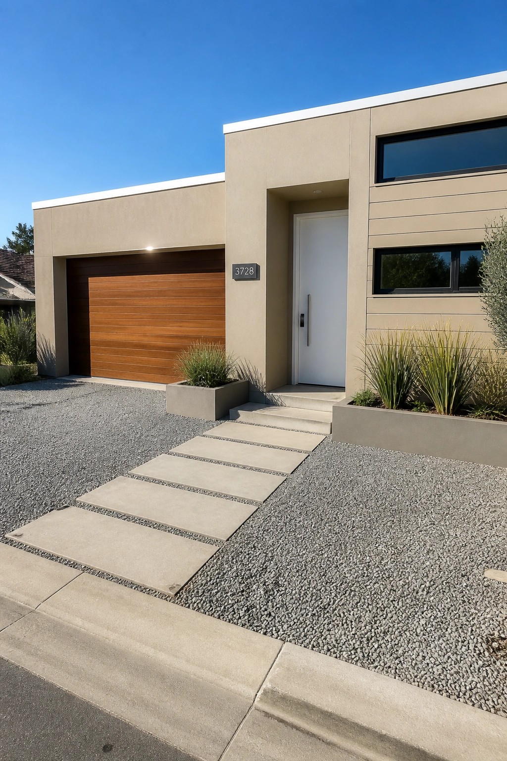 A modern beige house exterior featuring a white front door, wood garage door, and concrete pavers set in gravel leading to the entrance.
