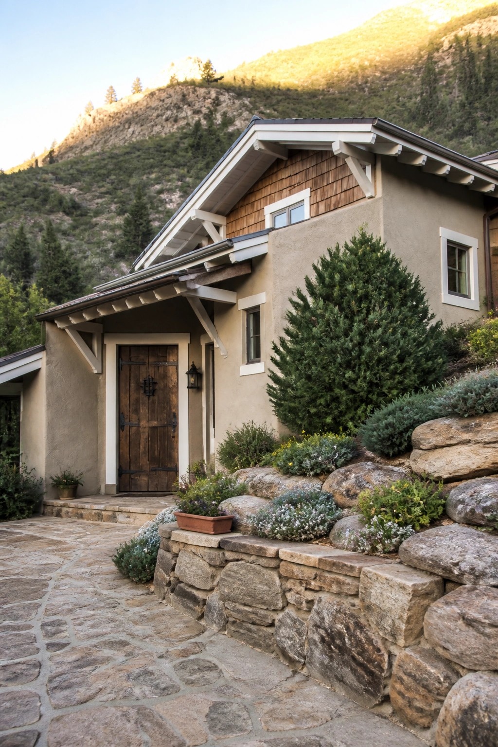 A beige stucco house exterior with white window trim, a dark wood door, and a stone retaining wall with landscaping in front of a hillside.