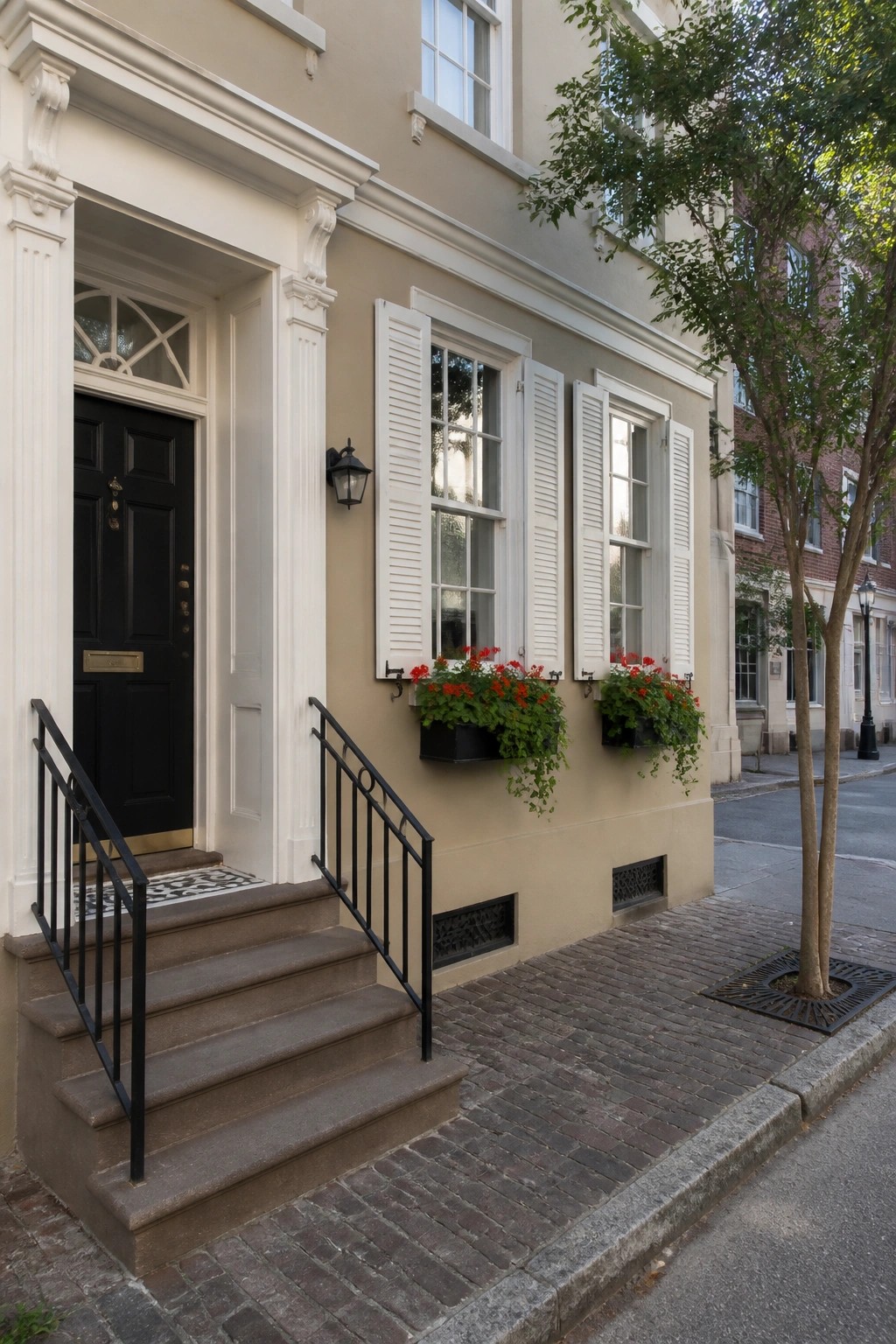 Beige house exterior featuring white trim around a black paneled door, shuttered windows, and entrance columns, with stone steps and flower boxes.