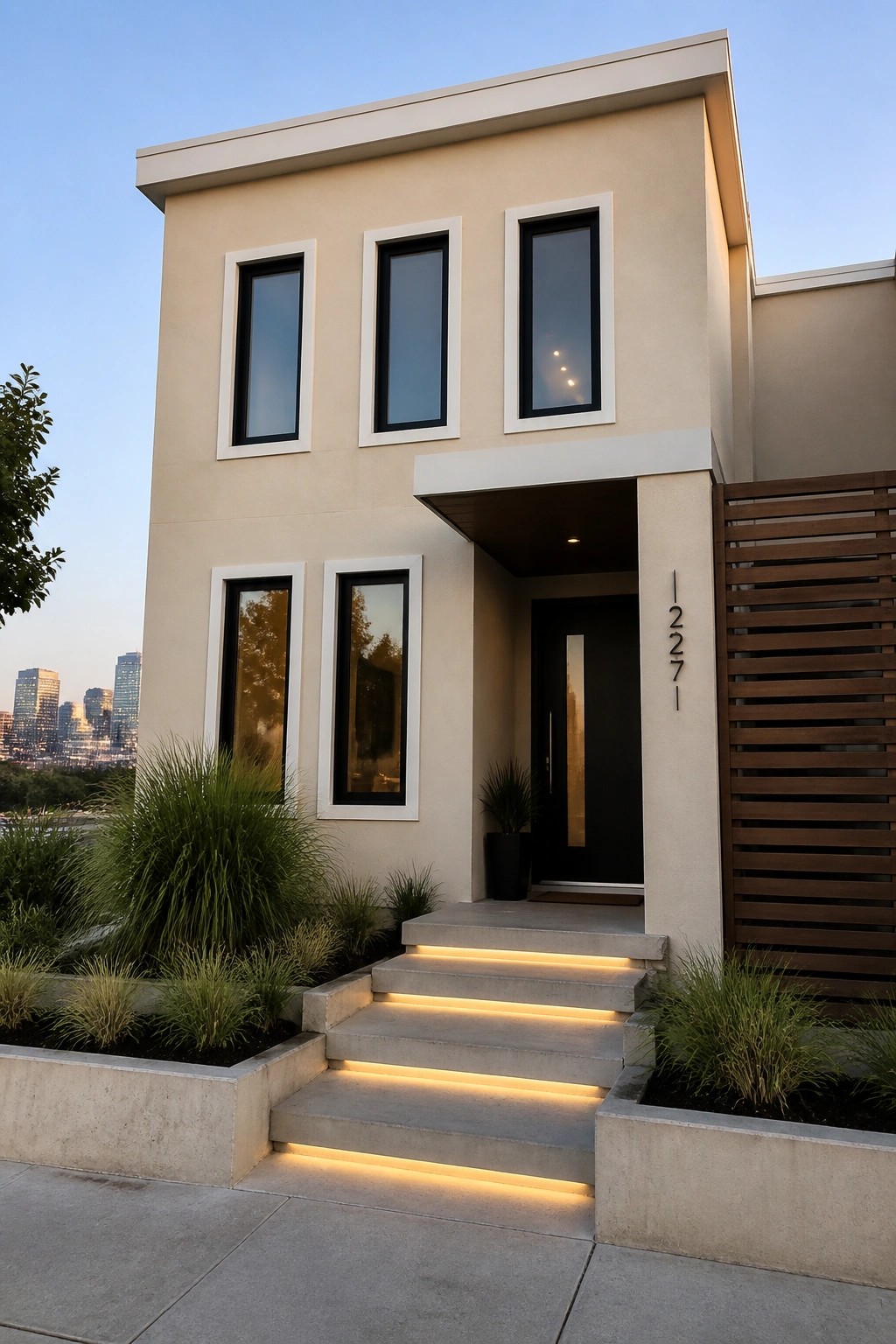 A two-story beige stucco house with white trim framing multiple windows, a black front door, and illuminated concrete entry steps.