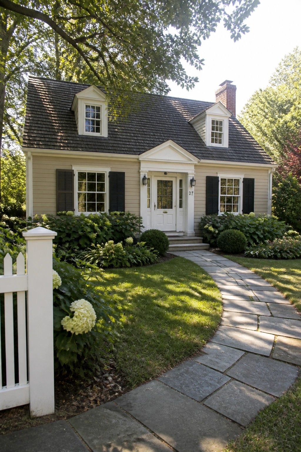 Beige house with black shutters, white door, lush garden, and stone pathway