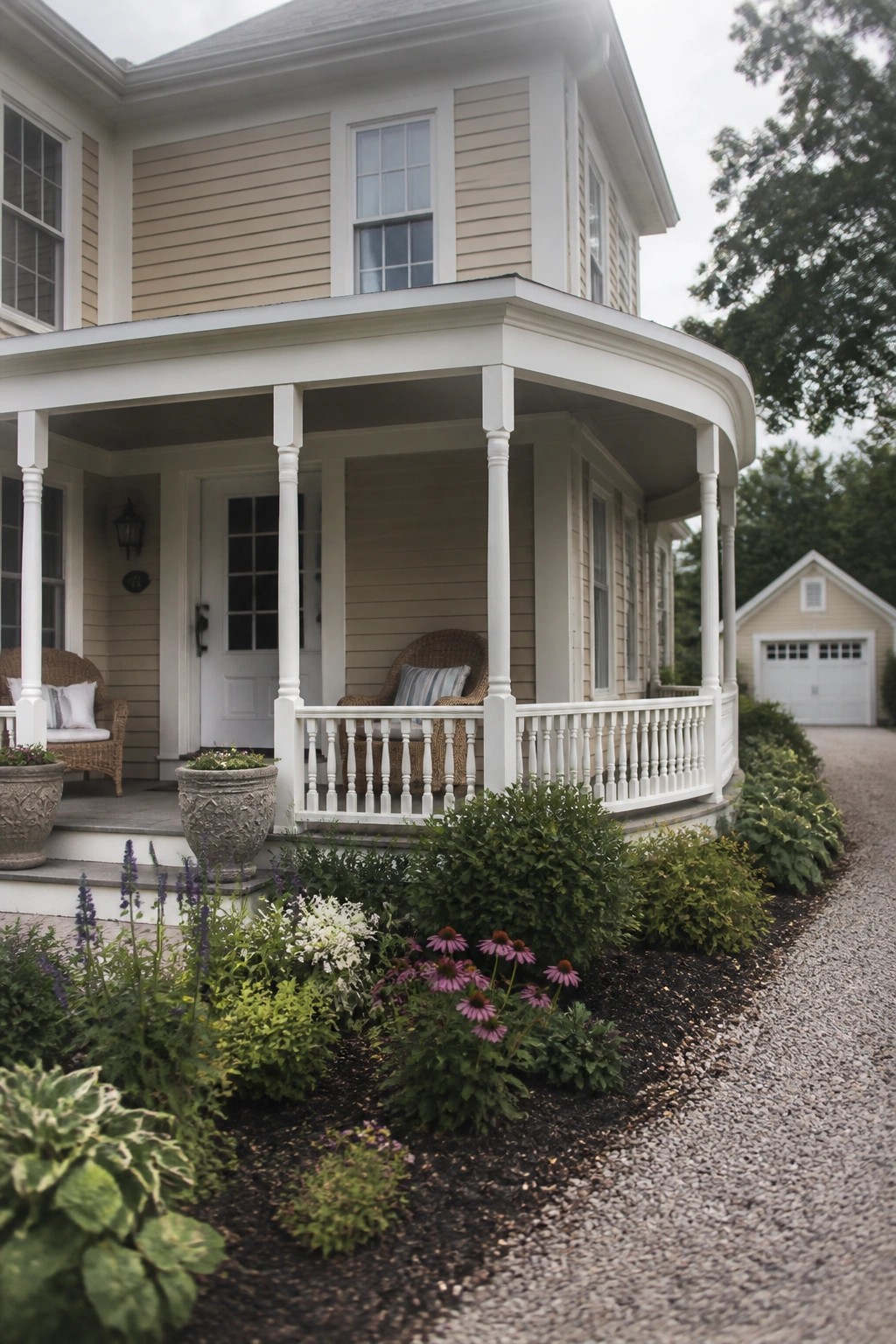 Beige house with wraparound white porch, flower garden, and gravel driveway