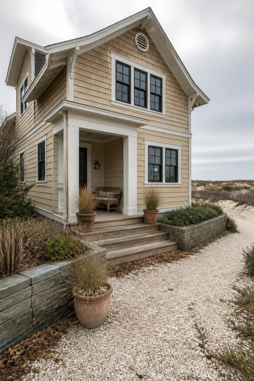 Beige two-story beach house with white porch, steps, and potted plants on gravel path