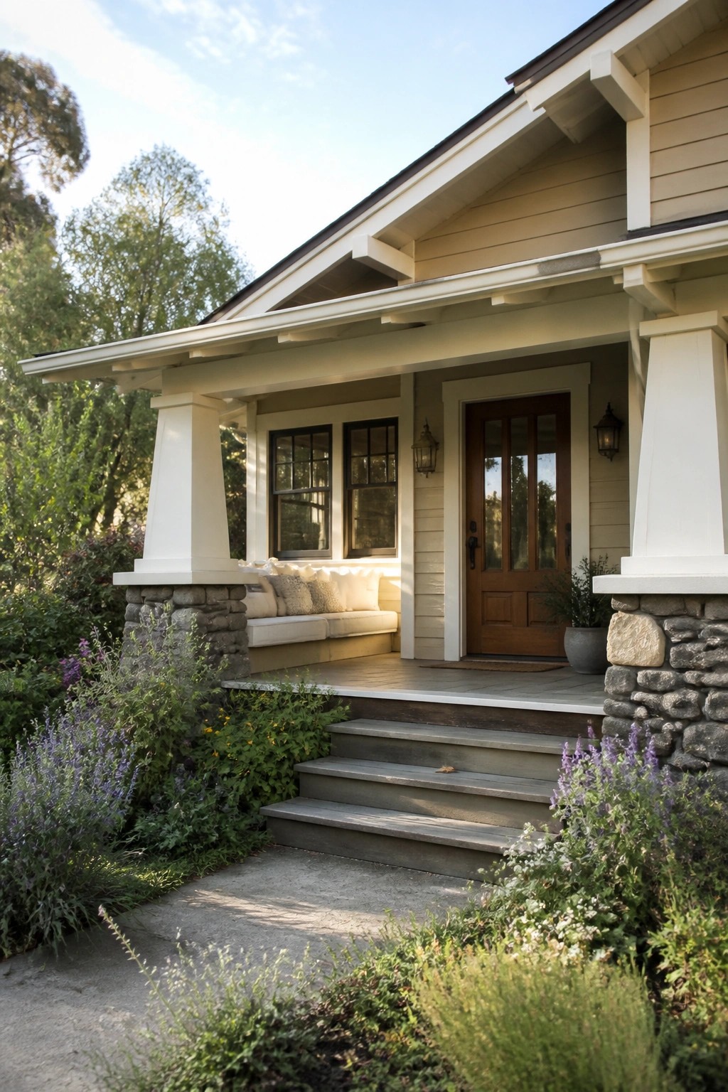 Charming beige house porch with wooden door, stone pillars, gray steps, and blooming flowers.
