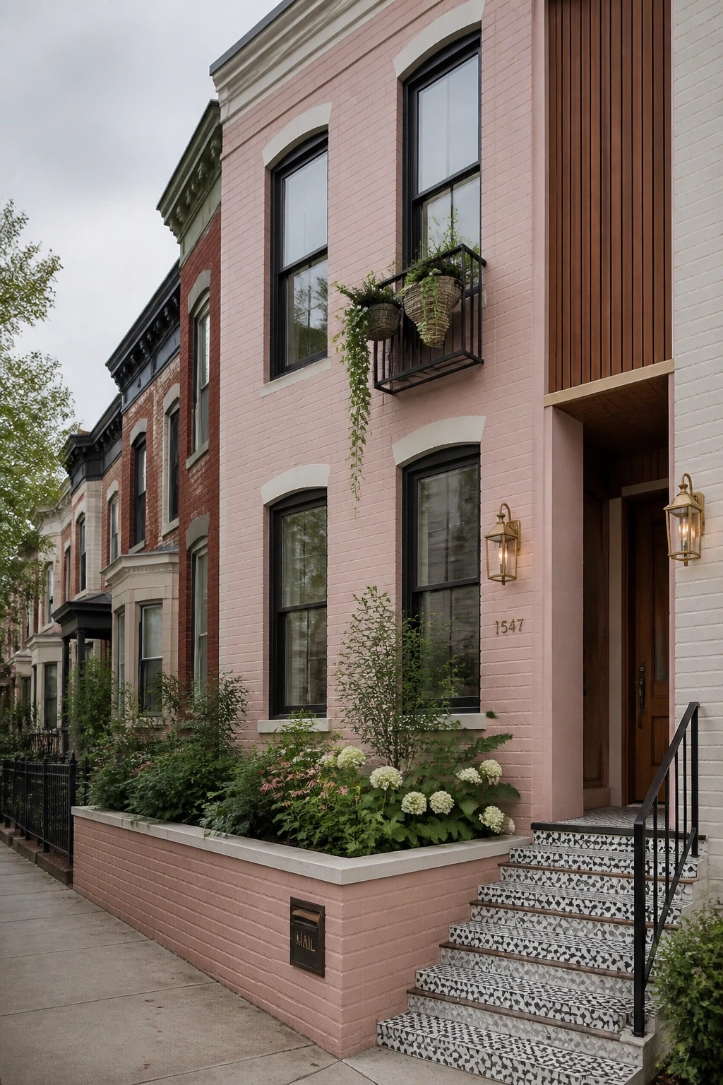 A blush pink brick row house with white trim around the windows and base, black window frames, a small balcony with hanging plants, patterned tile steps, and a wooden front door.
