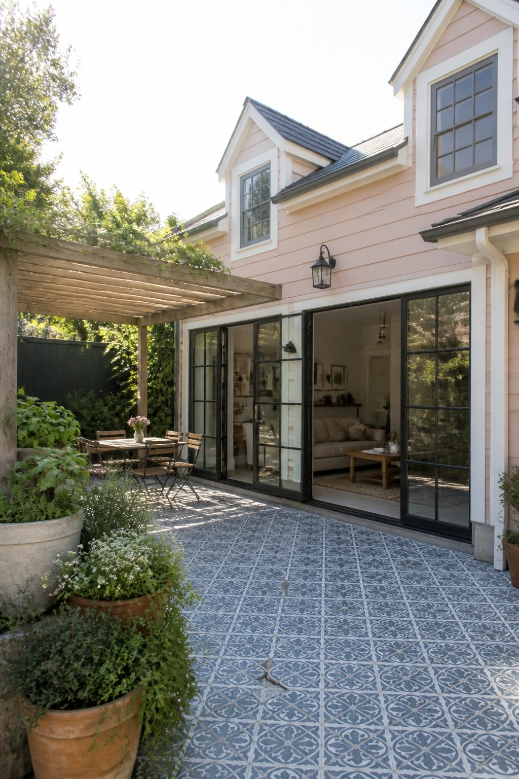 A blush pink house exterior with white trim, black-framed glass doors, and a tiled patio area with potted plants and a wooden pergola.