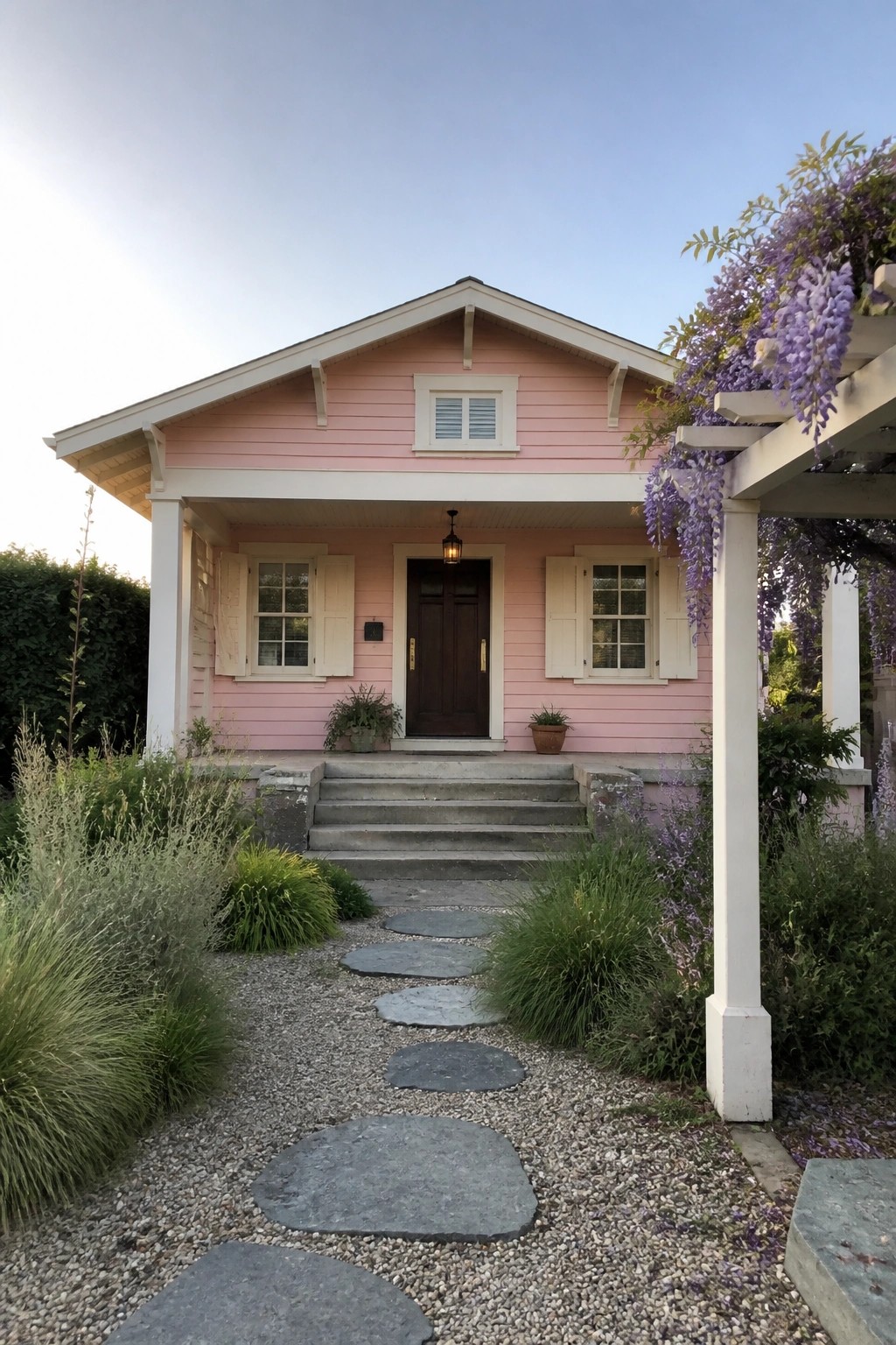 Pink house with porch, stone path, and blooming purple wisteria on pergola.